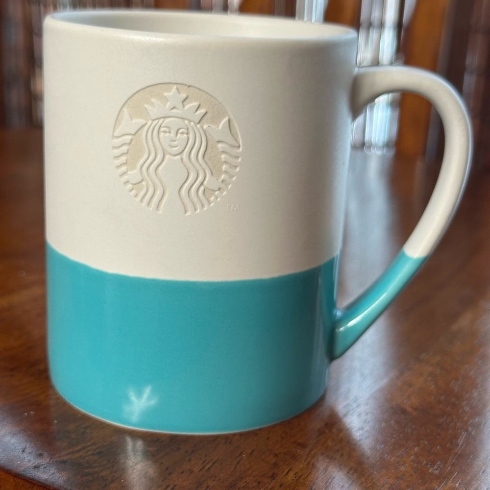 Starbucks 2014 Teal White Ceramic Mug 14 Oz Embossed Siren Logo